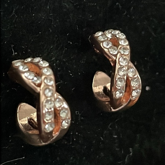 1” rose gold tone infinity stud earrings with 18 prong set crystals - Picture 9 of 16